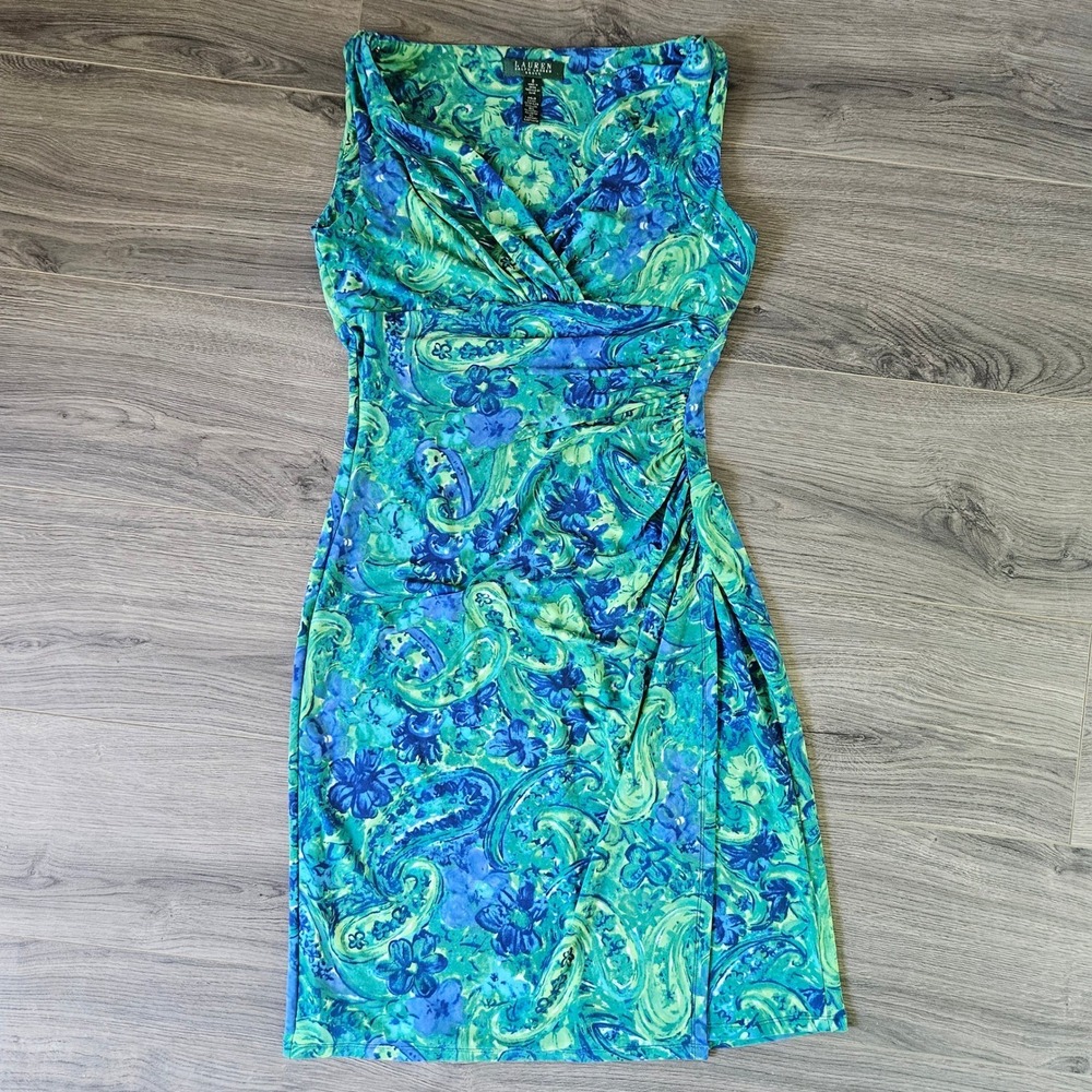 Lauren Ralph Lauren Paisley Ruched Sheath Dress 8 Blue Green Sleeveless Jersey